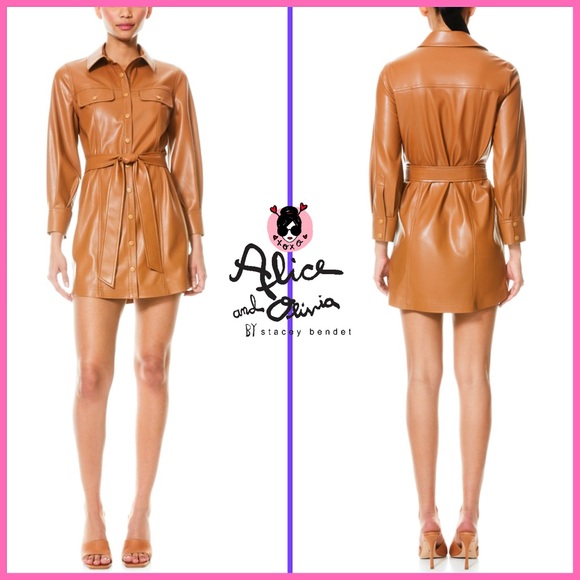 Alice + Olivia Dresses & Skirts - Alice + Olivia Miranda Vegan Leather Tie Waist Brown Mini Dress